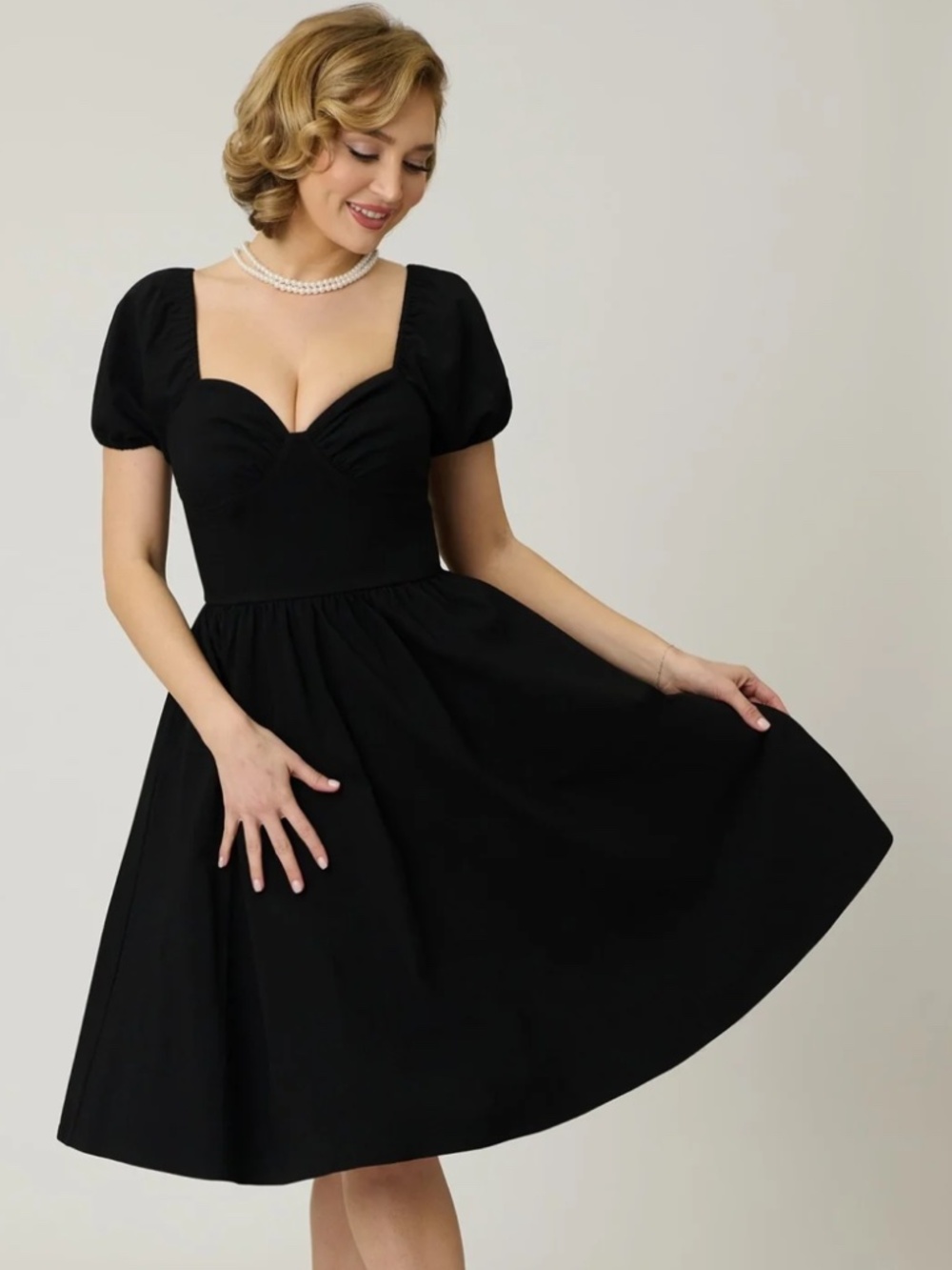 Unique Vintage Black Sweetheart Puff Sleeve Swing Dress - XL/14-16